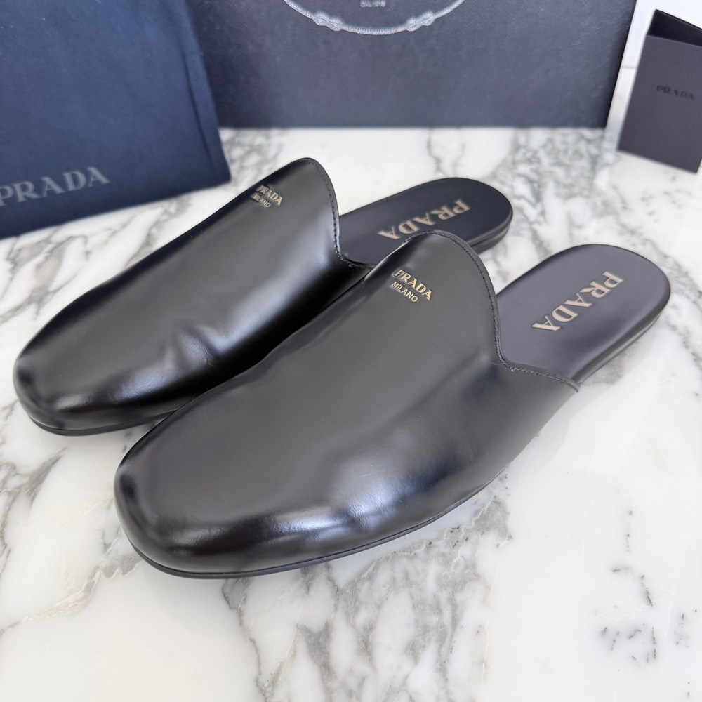 Prada Milano Black Leather Mule Slides Gold Logo Slip On Flat Shoes Mens UK7